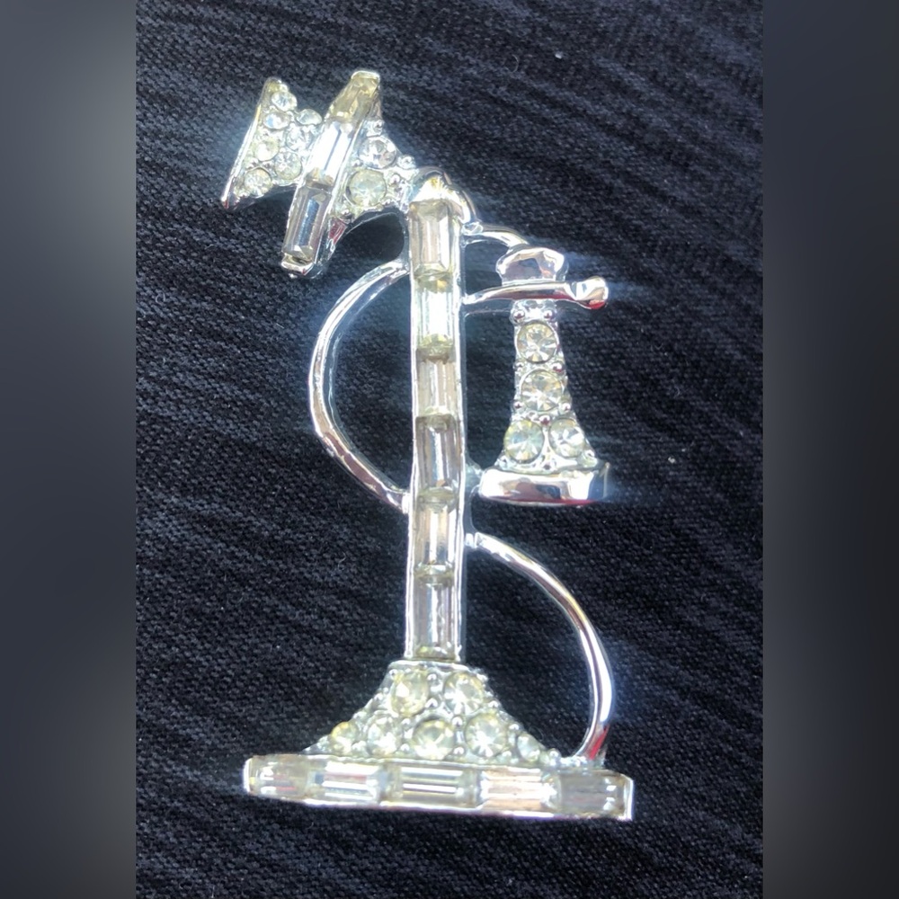 Antique Silver Rhinestone Candlestick Phone Brooch